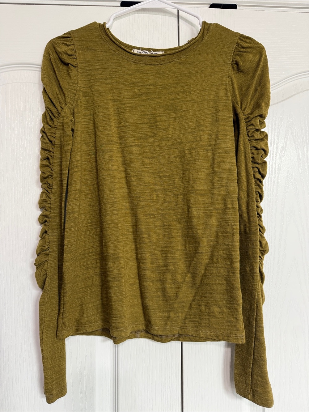 We The Free Olive Green Long Sleeve Top with Ruched Sleeves